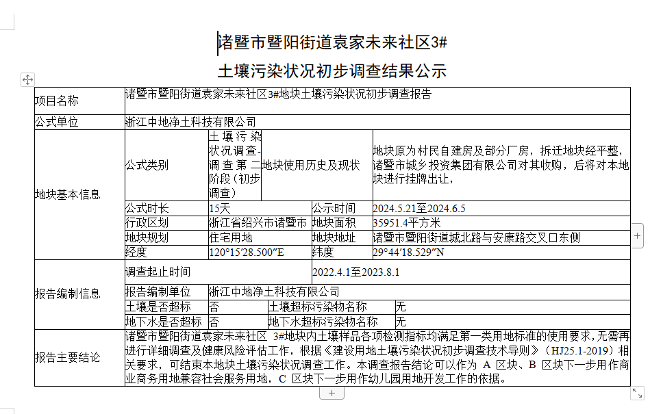 诸暨市暨阳街道袁家未来社区3# 尊龙凯时污染状况初步调查结果公示-浙江尊龙凯时科技有限公司